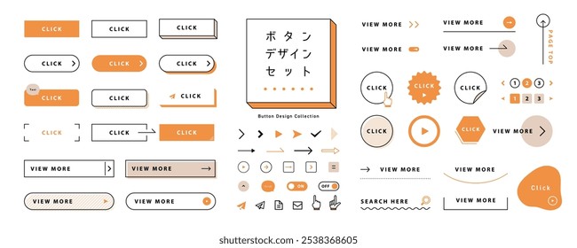 Conjunto de diseño de Botón Hacer clic en color naranja. Abrir Ruta Editable. Una Colección de Elementos de diseño para Sitios web y Aplicaciones. (Traducción del texto: "Design Idea")