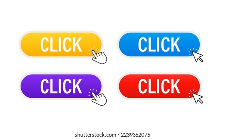 Click the button with the hand icon here, icon clicked. Click here vector web button. Web button with arrow pointer action. Click here user interface buttons concept. Vector illustration