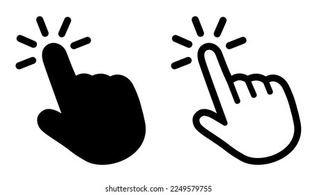 Click button with hand pointer clicking. Click here web button. Isolated website hand finger clicking cursor set – stock vector