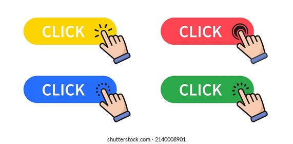 Click button set with hand clicking icon. Vector illustration
