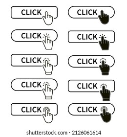 Click button set with hand pointer clicking. Click here web button. Isolated website hand finger clicking cursor – vector