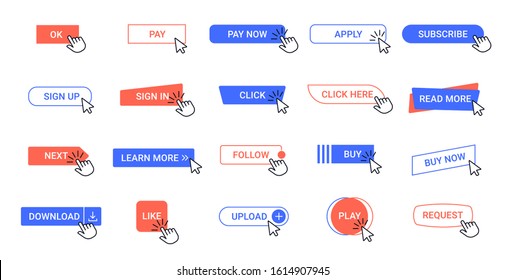 Click Button. Web Pointer Clicking Buttons, Computer App Interface Mouse Cursor Tools. Arrow Click Ui Elements, Download, Subscribe And Follow Button Vector Isolated Icons Set