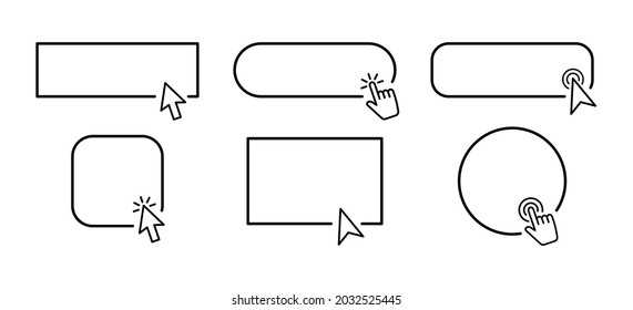 Haga clic en Conjunto de botones. Pulse aquí la plantilla de botones web. Juego de botones de acción con cursor y puntero de mano. Pulse el puntero. Ilustración vectorial.