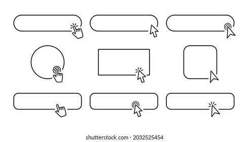 Click Buttons set. Click here web buttons template. Set of action buttons with cursor and hand pointer. Pointer click. Vector illustration.