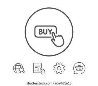 Click to Buy line icon. Online Shopping sign. E-commerce processing symbol. Hold Report, Service and Global search line signs. Shopping cart icon. Editable stroke. Vector