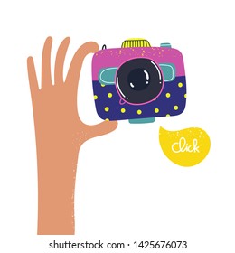 Click. Cartoon Style Hand Holding A Photo Camera. Selfie Pov. Hand Drawn Vector Trendy Illustration. Flat Design