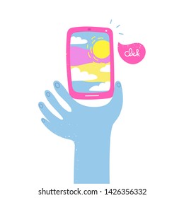 Click. Cartoon style hand holding a smartphone. Selfie pov. Reflection of the sun and clouds in the screen. Hand drawn bright vector trendy illustration. Flat design