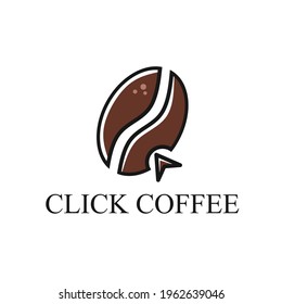 Click coffee bean logo design vector. Coffee bean and arrow. Symbol to easily order and buy coffee in online shop. Technology, media, digital, modern lifestyle