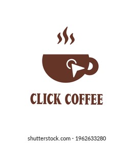 Click coffee logo design vector. Coffee cup and arrow. Symbol to easily order and buy coffee in online shop. Technology, media, digital, modern lifestyle