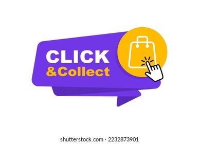 Click and collect badge with store cart and cursor. Design for online shopping, online order and internet sales. Vector illustration.