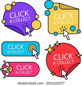 Click and collect button. Easy online shoping concept. Delivery Order in market. Add to cart sticker, checkout. Internet store. Shop website sale. Vector illustration. 