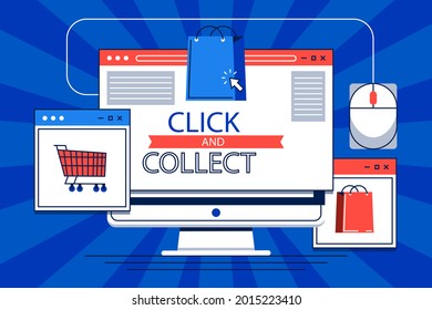 Click and collect button. Easy online shoping concept. Delivery Order in market. Add to cart sticker, checkout. Internet store. Shop website sale. Vector illustration. 