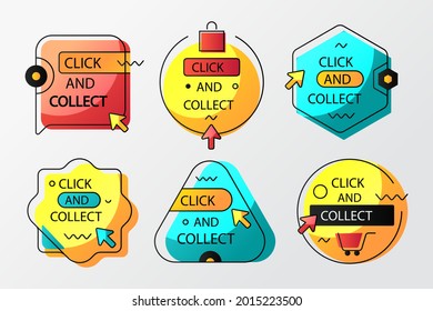 Click and collect button. Easy online shoping concept. Delivery Order in market. Add to cart sticker, checkout. Internet store. Shop website sale. Vector illustration. 