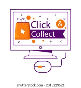 Click and collect button. Easy online shoping concept. Delivery Order in market. Add to cart sticker, checkout. Internet store. Shop website sale. Vector illustration. 