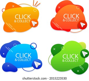 Click and collect button. Easy online shoping concept. Delivery Order in market. Add to cart sticker, checkout. Internet store. Shop website sale. Vector illustration. 