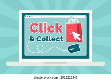 Click and collect button. Easy online shoping concept. Delivery Order in market. Add to cart sticker, checkout. Internet store. Shop website sale. Vector illustration. 