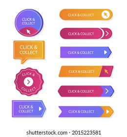 Haga clic en el botón y reúna. Un concepto de compras en línea fácil. Orden de entrega en el mercado. Añadir a la etiqueta adhesiva de carro, desproteger. Tienda de Internet. Comprar venta de sitio web. Ilustración vectorial. 