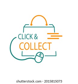 Click and collect button. Easy online shoping concept. Delivery Order in market. Add to cart sticker, checkout. Internet store. Shop website sale. Vector illustration. 