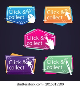 Click and collect button. Easy online shoping concept. Delivery Order in market. Add to cart sticker, checkout. Internet store. Shop website sale. Vector illustration. 