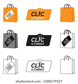 Haga clic en el conjunto de iconos de colección y colóquelo. Bolsa de papel, logotipo, pegatina, signo. Ilustración del vector