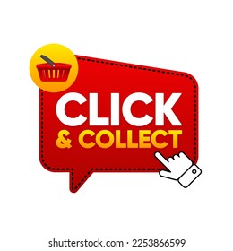 Click and Collect with computer mouse pointer on red banner. Click and Collect to basket. Concept to Shopping in Store. Vector illustration.