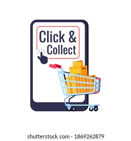 Click And Collect Delivery Online Retail Icon Isolated On White Background. Easy Purchase Concept – Shopping Cart On Tablet Screen With Click Collect. Flat Cartoon Buy And Pick Vector Illustration.