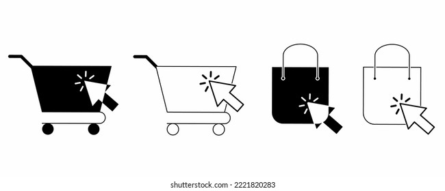 click collect icon set isolated on white background.click collect icon with trolley and shopping bag.vector illustration