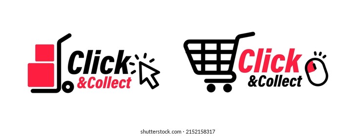 Click and collect icons. Click an collect with computer mouse pointer or mouse. Mouse cursor or Hand pointer. Concept online order or internet shopping. Ecommerce, internet sales and retail