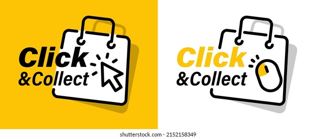 Click and collect icons. Click an collect with computer mouse pointer or mouse. Mouse cursor or Hand pointer. Concept online order or internet shopping. Ecommerce, internet sales and retail