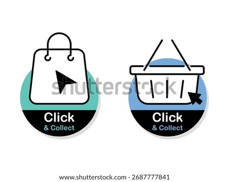 Click and collect icons. Design for ecommerce, internet orders, internet sales and retail. Concept online order or internet shopping. Mouse cursor or hand pointe