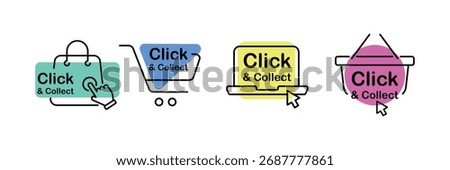 Click and collect icons. Design for ecommerce, internet orders, internet sales and retail. Concept online order or internet shopping. Mouse cursor or hand pointe