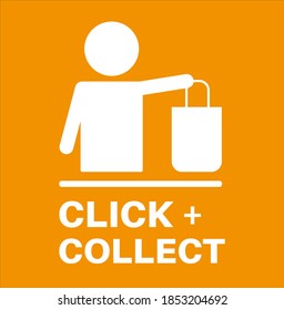 Click and Collect internet and online shopping concept on an orange background.