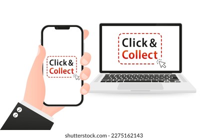 Click and collect on your laptop and smartphone. Concept online order. Design for ecommerce, internet orders, internet sales and retail. Click and Collect online shopping concept. Vector illustration