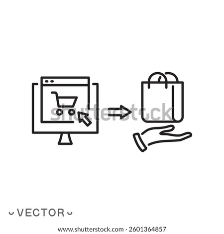 click and collect online order icon, food delivery service steps, receiving order, hand holding paper bag, thin line symbol isolated on white background, editable stroke eps 10 vector illustration