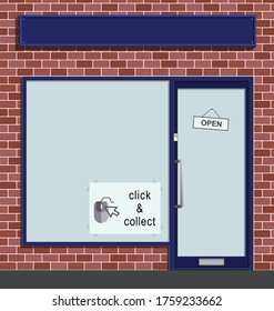 Click and collect online ordering service poster in retail shop window with blank sign for own text
