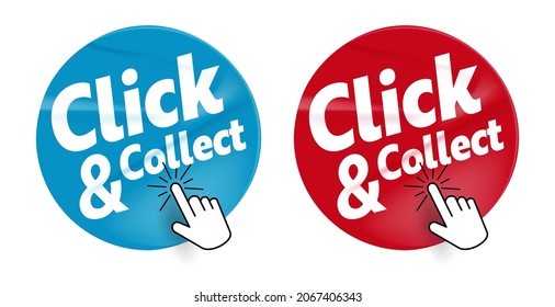 Haga clic y obtenga el botón de compra en línea o el juego de etiquetas. Etiqueta redonda realista con texto de promoción y diseño de señalización de cursor de mano táctil ilustraciones vectoriales aisladas en fondo blanco