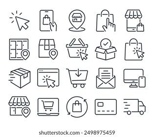 Click and collect online shopping editable stroke outline icons set isolated on white background flat vector illustration. Pixel perfect. 64 x 64