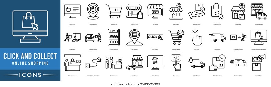 Click and Collect Online Shopping icon set. Online Order, Pickup Location, Shopping Cart, Collect at Store, Buy Online and Store Pickup