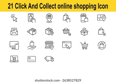 Click and Collect, Online Shopping Icon Set – Editable Stroke, 64x64 Pixel Perfect Outline Symbols for Delivery, Store Pickup, Payment, Cart, Buy, Fast Transport, and Ecommerce on White Background