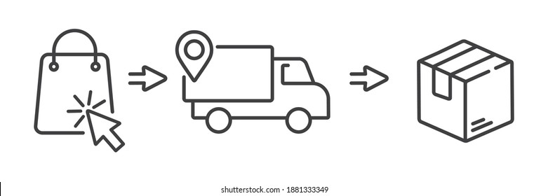 click and collect order, icon, delivery truck, delivery services steps, receive order in pick up point, e-commerce business concept, vector illustration