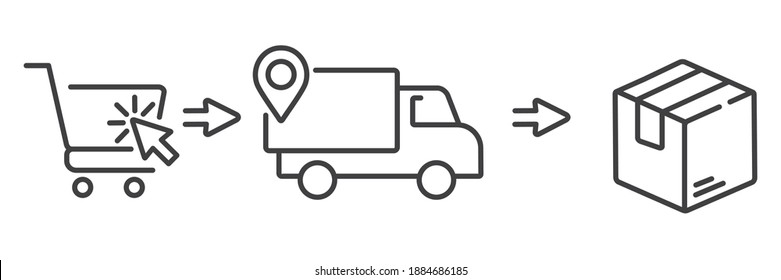 click and collect order, icon, delivery truck, delivery services steps, receive order in pick up point, e-commerce business concept, vector illustration