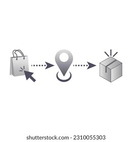 haga clic y recoja el pedido, icono, recepción del pedido en el punto de recogida, pasos de los servicios de entrega, concepto de ecommerce. Ilustración vectorial.