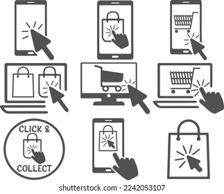 Pulse y recoja el conjunto de iconos de pedido, el conjunto de iconos de compra en línea el vector negro