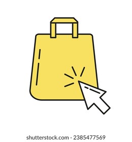 Click collect order line icon. Simple outline style. Internet shopping, cursor arrow, order bags. Suitable for web and apps. Vector illustration isolated on white background. 