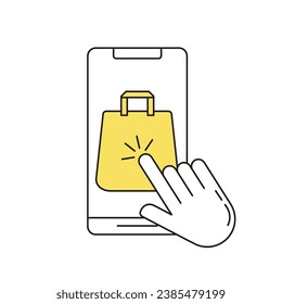 Click collect order line icon. Simple outline style. Internet shopping, hand pointer, smartphone. Suitable for web and apps. Vector illustration isolated on white background.