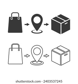 Click and collect order, line icon set, delivery truck, delivery services steps, receive order in pick up point, e-commerce business concept, vector