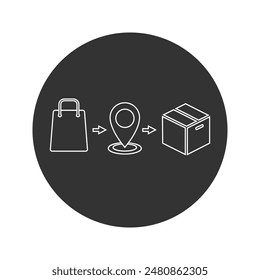 Click and collect order, line icon, delivery truck, delivery services steps, receive order in pick up point, e-commerce business concept, vector illustration