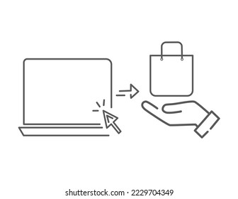 haga clic y recoja el pedido en línea, icono, recibir el pedido en el punto de recogida, pasos de entrega de alimentos, bolso de papel de mano, - ilustración de vector de trazo editable eps 10.