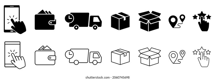 Click and collect order, vector icons set, online order, delivery truck, delivery service steps, pick up order at pickup point, payment, rating icon, rating review, flat illustration