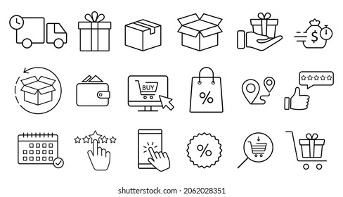 Click And Collect Order, Vector Line Icons Set, Online Order, Delivery Truck, Delivery Service Steps, Pick Up Order At Pickup Point, Payment, Rating Icon, Rating Review, Flat Illustration